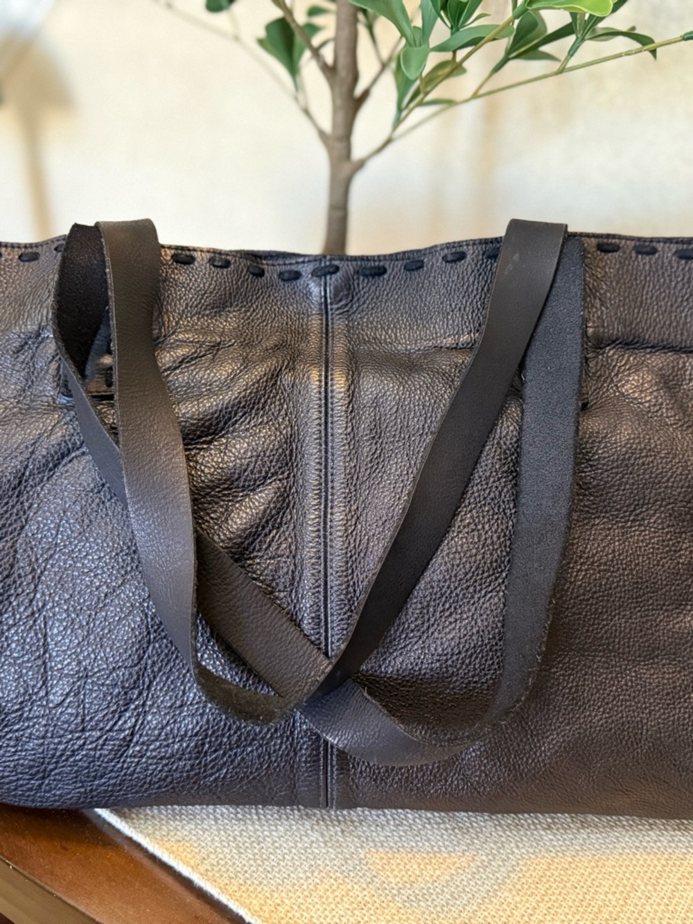 Free People Black Leather Tote with Stitched Top Detail